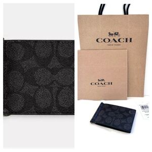 COACH SLIM MONEY CLIP BILLFOLD WALLET BLACK/GRAY SIGNATURE CANVAS NEW GIFT WRAP